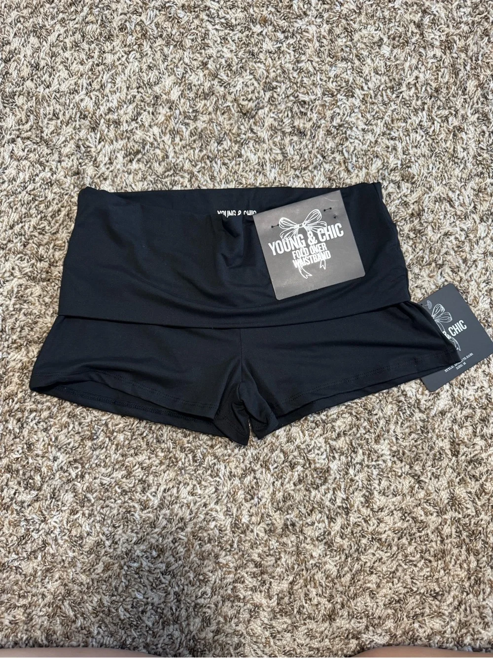 Y2k Black Fold-Over Women’s Dance Shorts with Rhinestone Butterfly